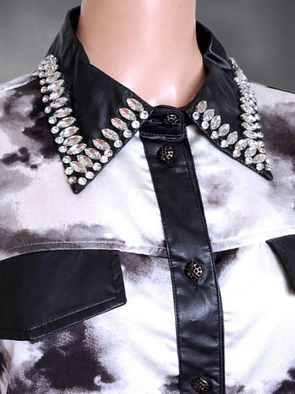 New Galita Bedazzled Black & White Leather Trim Button Down Blouse